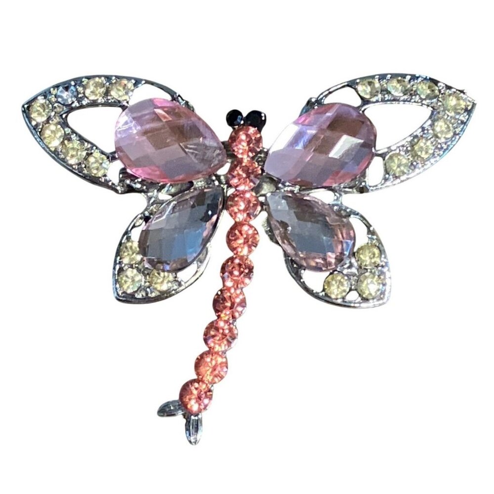 Rhinestone Dragonfly Pin Brooch With Pink & Clear Stones Metal Base